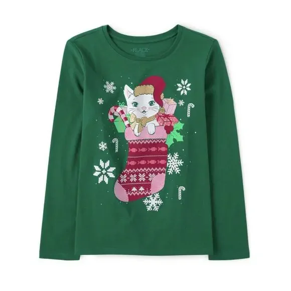 Girls Cat Stocking Graphic Tee - Park Bench Green - Picture 1 of 6